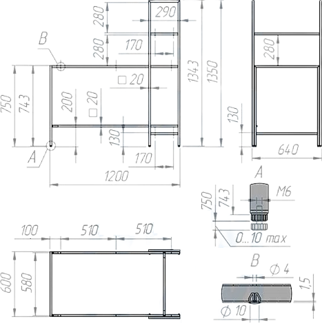 Стол УНИВЕРСАЛ на металлокаркасе с приставным стеллажом 1350х1200х640мм черный