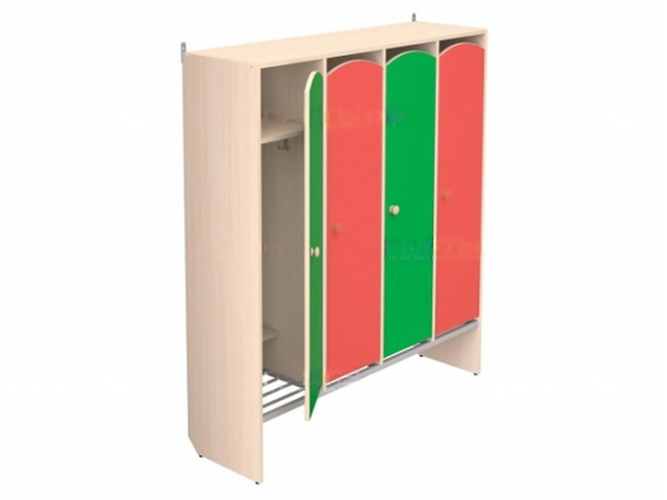 Шкафчик для детского сада для раздевалок 4-секционный с полкой-решеткой дуб молочный цветной