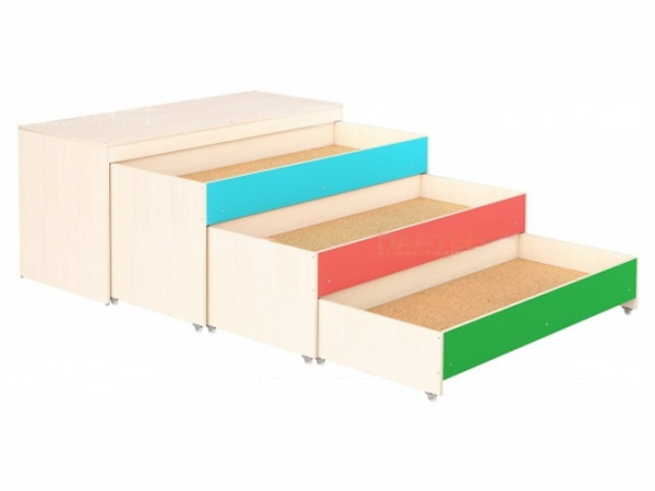 Кровать-тумба трехъярусная выкатная в коробе для детских садов дуб молочный цветная