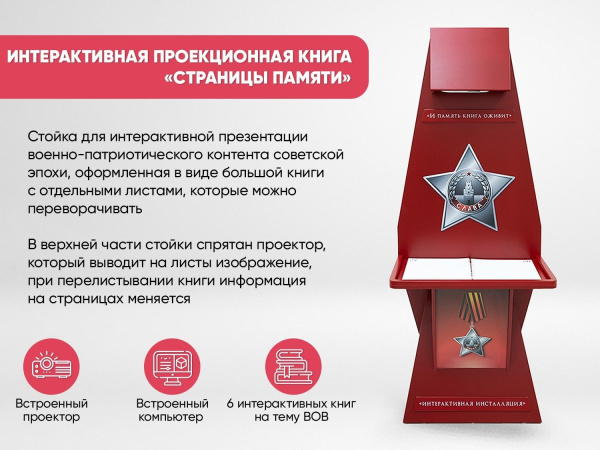 Интерактивная проекционная книга "Страницы памяти" - инсталляция в военно-патриотическом оформлении.