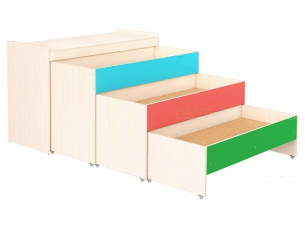 Кровать-тумба трехъярусная выкатная высокая в коробе для детских садов дуб молочный цветная