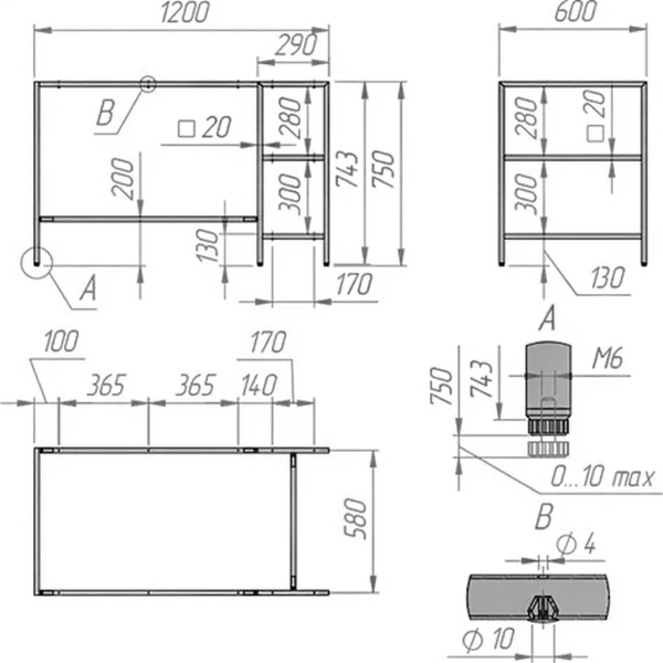 Стол УНИВЕРСАЛ 2  на металлокаркасе с  приставной тумбой 750х1200х600мм черный
