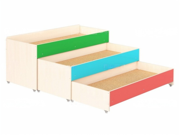 Кровать трехъярусная выкатная для детских садов дуб молочный цветная